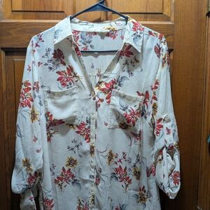 Maurices Floral Button Down Shirt - Cream, Red, Yellow